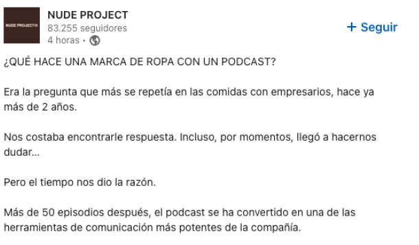 publicación de nude project hablando de su podcast